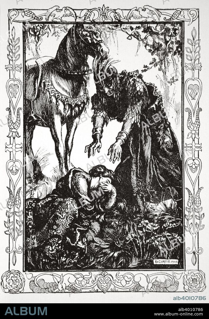 'Palamides appeared before her', 1905. Palamides was in love with Isolde, which brought trouble between Tristan and Palamides. An illustration from Stories of King Arthur and the Round Table by Beatrice Clay, 1st Edition, 1905.