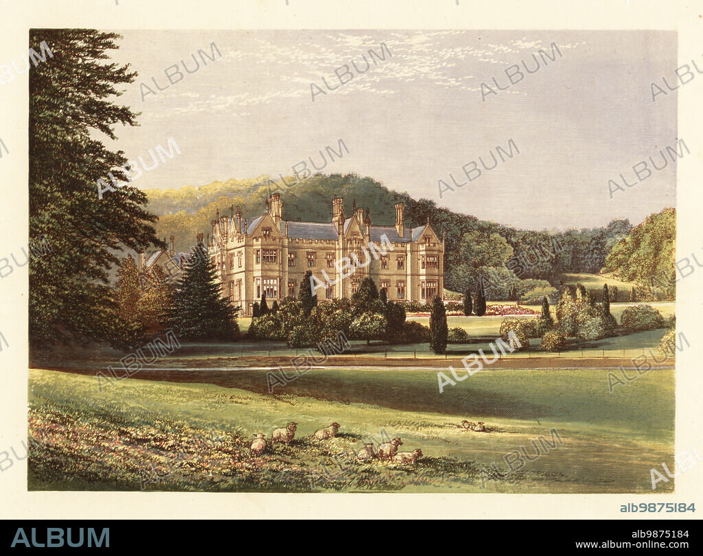 Mamhead, Devon, England. Georgian house built from 1827 by architect Anthony Salvin for Robert William Newman, in gardens landscaped by Lancelot Capability Brown in the late 18th century. Colour woodblock by Benjamin Fawcett in the Baxter process of an illustration by Alexander Francis Lydon from Reverend Francis Orpen Morriss Picturesque Views of the Seats of Noblemen and Gentlemen of Great Britain and Ireland, William Mackenzie, London, 1880.