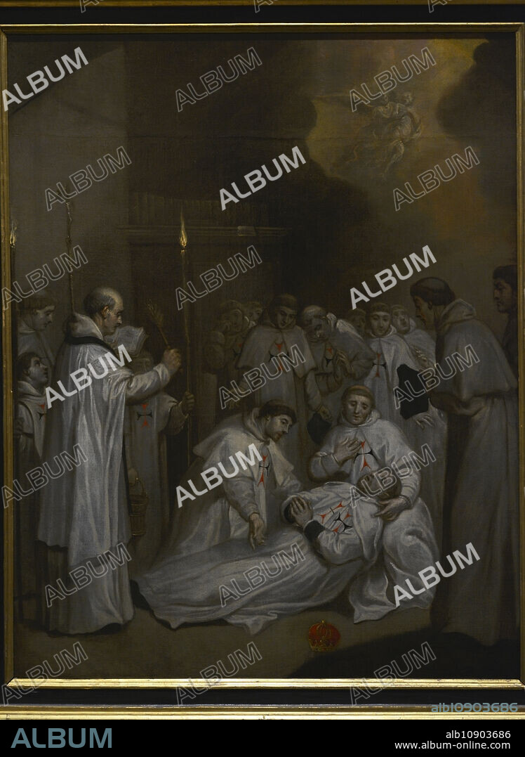 Félix de Valois (1127-1212). Ermitaño francés que, junto a san Juan de Mata, fundó la Orden de la Santísima Trinidad para la Redención de Cautivos (Orden Trinitaria). Muerte de San Félix de Valois. Pintura anónima del siglo XVII. Copia con variaciones de un original desaparecido de Theodor van Thulden (1606-1669), representando la Muerte de San Juan de Mata. Oleo sobre lienzo. Museo de Santa Cruz. Toledo. España.
