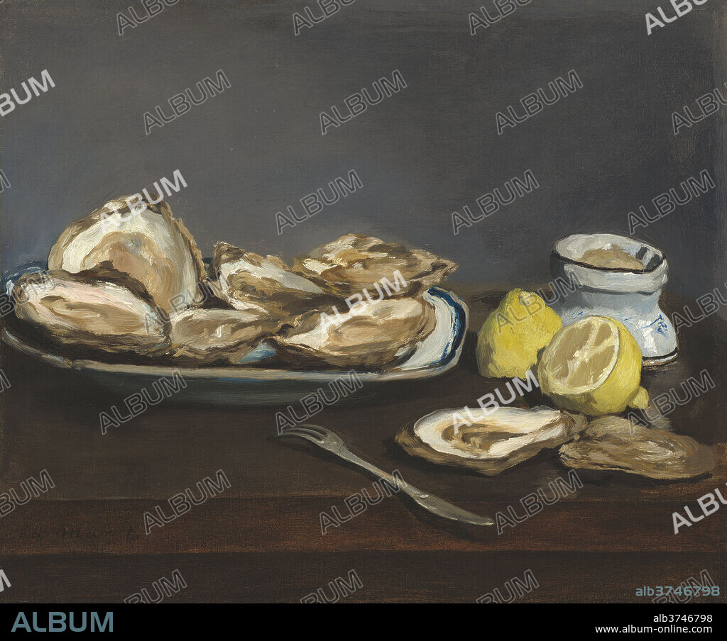 EDOUARD MANET. Oysters. Dated: 1862. Dimensions: overall: 39.2 x 46.8 cm (15 7/16 x 18 7/16 in.)  framed: 60 x 67.6 x 8.9 cm (23 5/8 x 26 5/8 x 3 1/2 in.). Medium: oil on canvas.