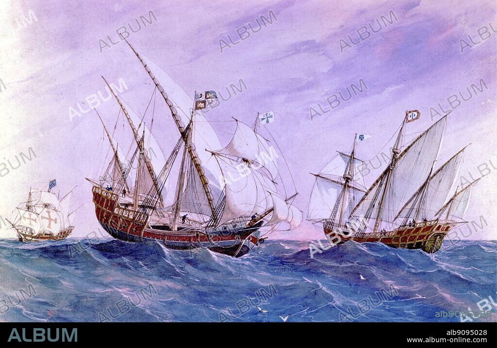Spanish Caravels, 19th century. The Conquistadors by Hammond Innes, page 205..  The caravel was a small ship made of the common beachwood found on the shores of Europe. These ships had three masts, the mizzen carrying a lateen sail, while the fore and main were square rigged. Larger ones had a square rigged foremast, while the main, mizzen and bonaventure were lateen rigged. Christopher Columbus' Pinta and Nina were caravels. Also, Vasco Da Gama and other Portuguese explorers used the caravel to reach India via the Cape of Good Hope. Caravels were capable ships and ideal for the first voyages out from the shores of Europe by Spain, Portugal and England. They were faster than many other ships, but carried few guns. They were essentially merchant ships ranging from 60 to 200 tons.