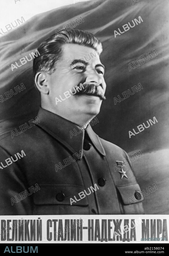 A soviet propaganda poster featuring joseph stalin published by the iskusstvo publishing house, 1950 (?), 'the great stalin-the hope for peace', published during the collection of signatures under the appeal of the world peace council in the soviet union for a peace pact between the great powers.