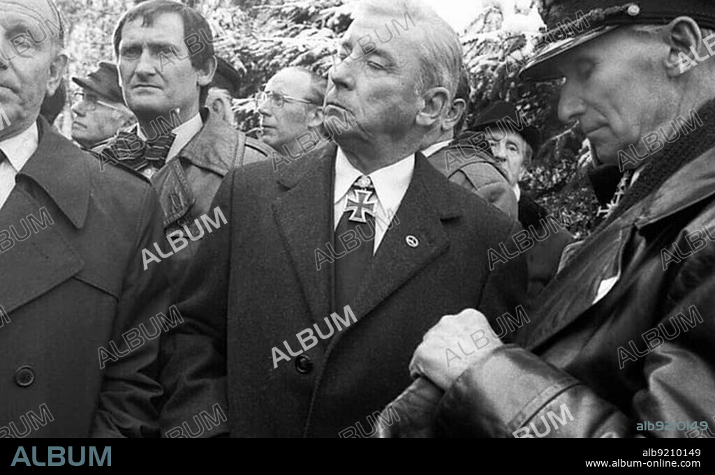 The funeral of Grand Admiral Karl Doenitz, a Hitler confidant who was convicted as a war criminal by the Nuremberg court martial, turned into a manifestation of Knight's Cross bearers, old and new Nazis. Aumuehle near Hamburg, 06.01.1981, Germany
