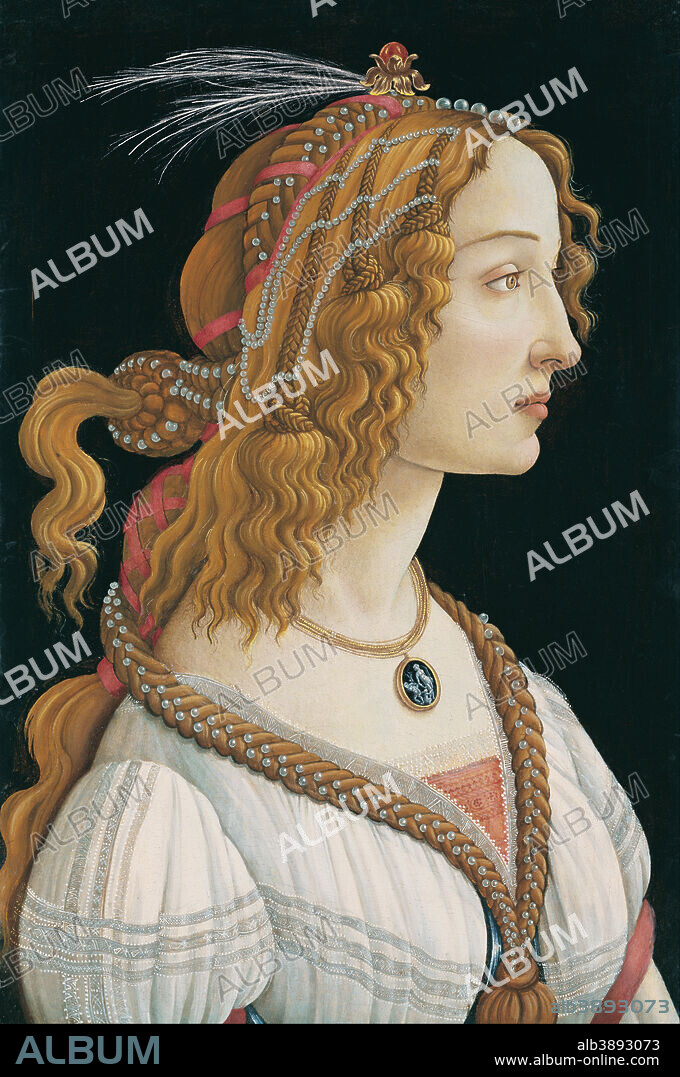 SANDRO BOTTICELLI. Idealized Portrait of a Lady (Portrait of Simonetta Vespucci as Nymph). Date/Period: 1480. Painting. Tempera. Width: 54 cm. Height: 81.8 cm (Complete).