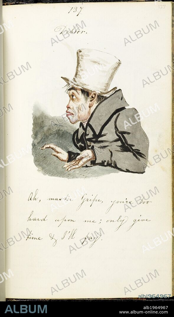 J F HERRING JUNIOR. 'Debter' illustration of man in tall hat with palm turned upward. Flights of Fancy by J.F. Herring Junr. Jany. 1. 1831. London England. John Frederick Herring Junior. Bound sketchbook of J. F. Herring (b. 1815, d. 1907) entitled â€œFlights of Fancy by J.F. Herring Junr. Jany. 1. 1831â€. Watercolour and ink drawings, with ink captions. Source: Add. 74284 f.137. Language: English.