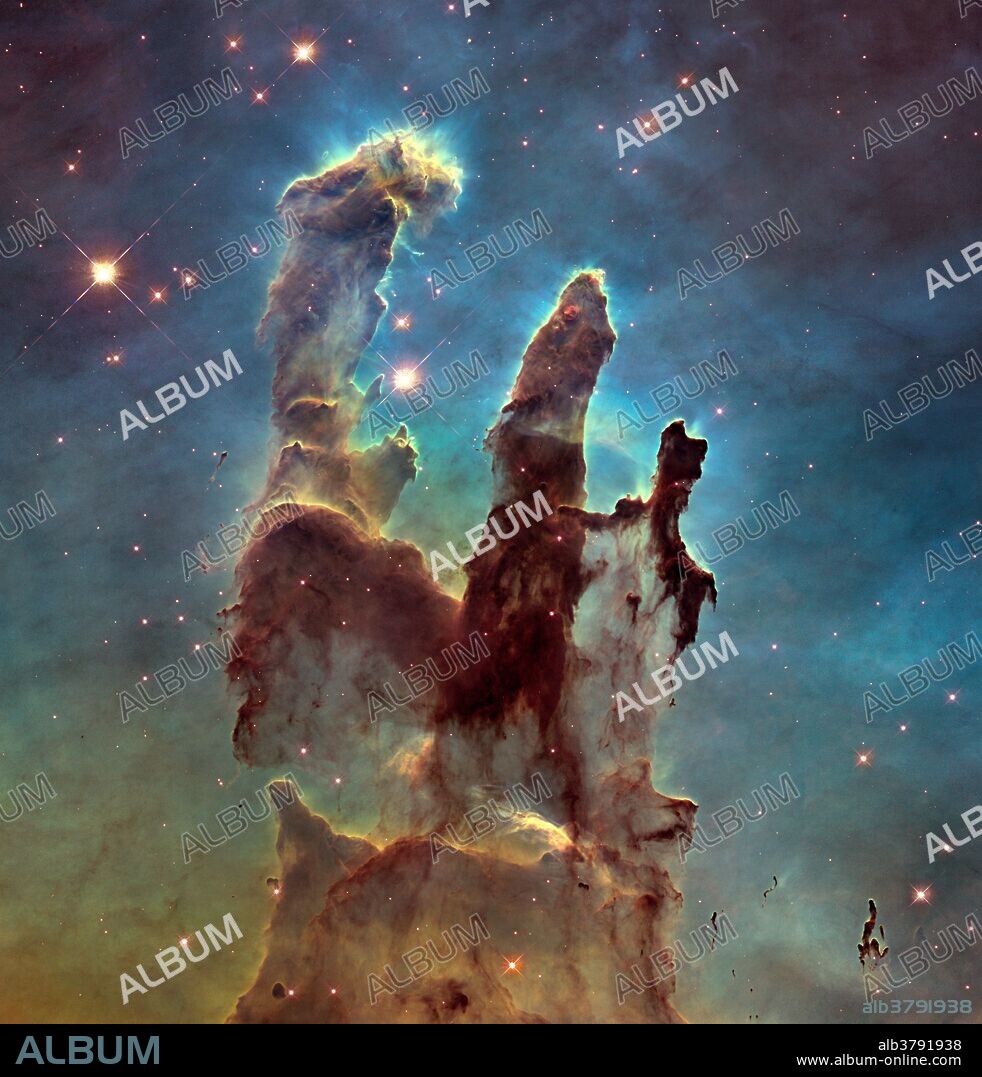 The NASA/ESA Hubble Space Telescope has revisited one of its most iconic and popular images: the Eagle Nebula's Pillars of Creation. This image shows the pillars as seen in visible light, capturing the glow of gas clouds, dark cosmic dust, and the nebula's pillars of interstellar hydrogen gas and dust that act as incubators for new stars. The dust and gas in the pillars is seared by the radiation from young stars and eroded by strong winds from massive nearby stars. The improved contrast and clearer view of this feature in space will give astronomers an opportunity to study how the structure of the pillars is changing over time. The Eagle Nebula is about 7000 light years from Earth in the constellation Serpens.