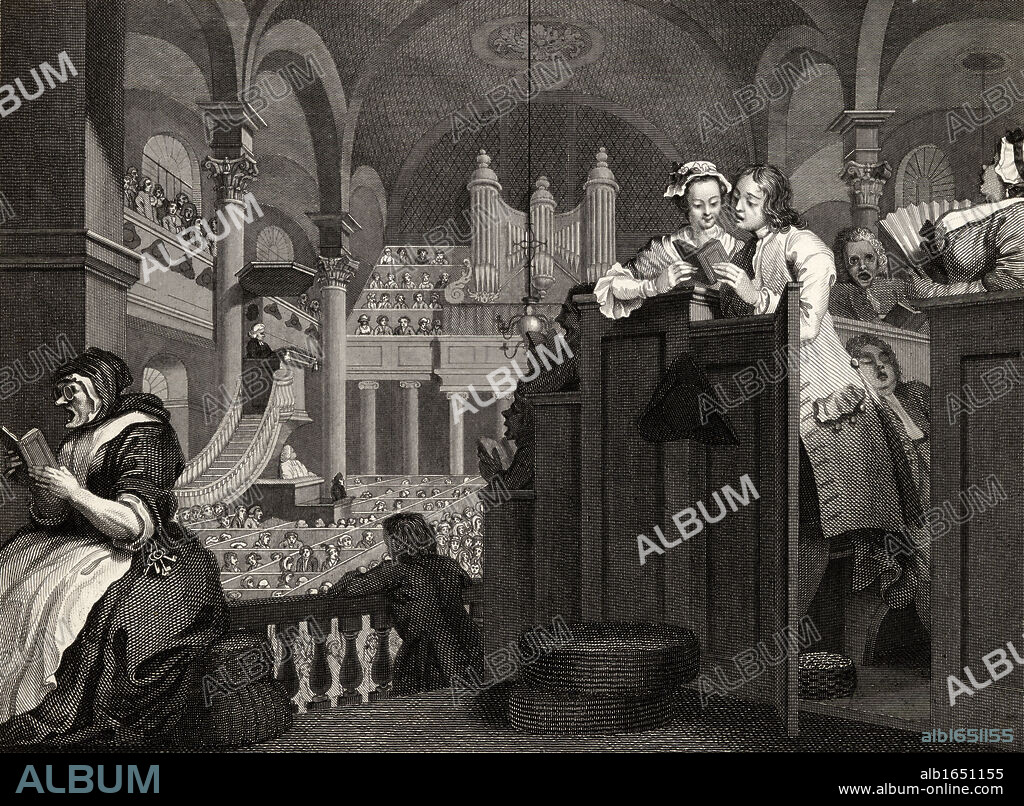 Industry and Idleness The industrious prentice performing the duty of a christian From the original design by Hogarth from The Works of Hogarth published London 1833.