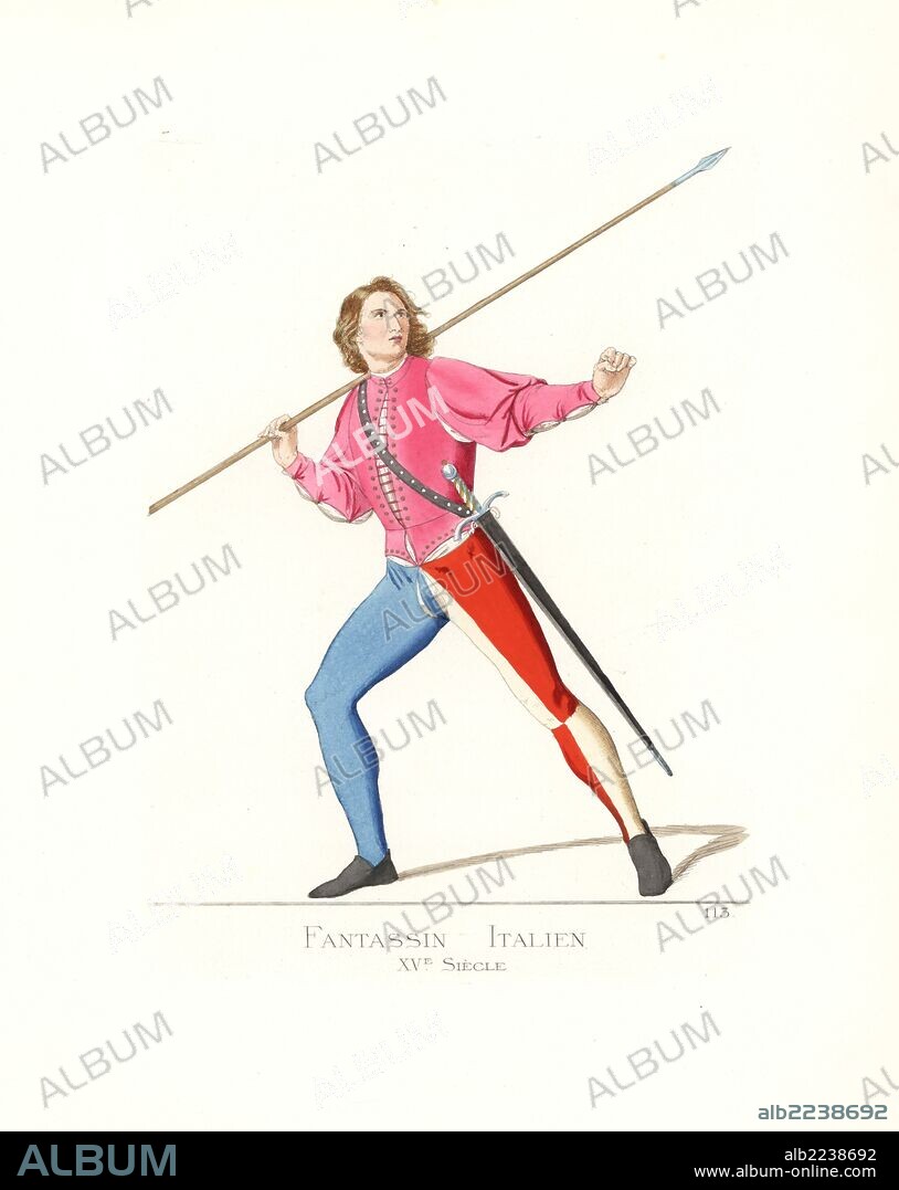 Italian infantry soldier with lance and sword, 15th century. He wears a laced, pink velvet doublet over a white shirt, brayette (codpiece), stockings of blue and red/white, black shoes. Sword with gold grip and black scabbard. From a miniature in the great Bible of the Duke of Urbino. Handcoloured illustration drawn and lithographed by Paul Mercuri with text by Camille Bonnard from "Historical Costumes from the 12th to 15th Centuries," Levy Fils, Paris, 1861.