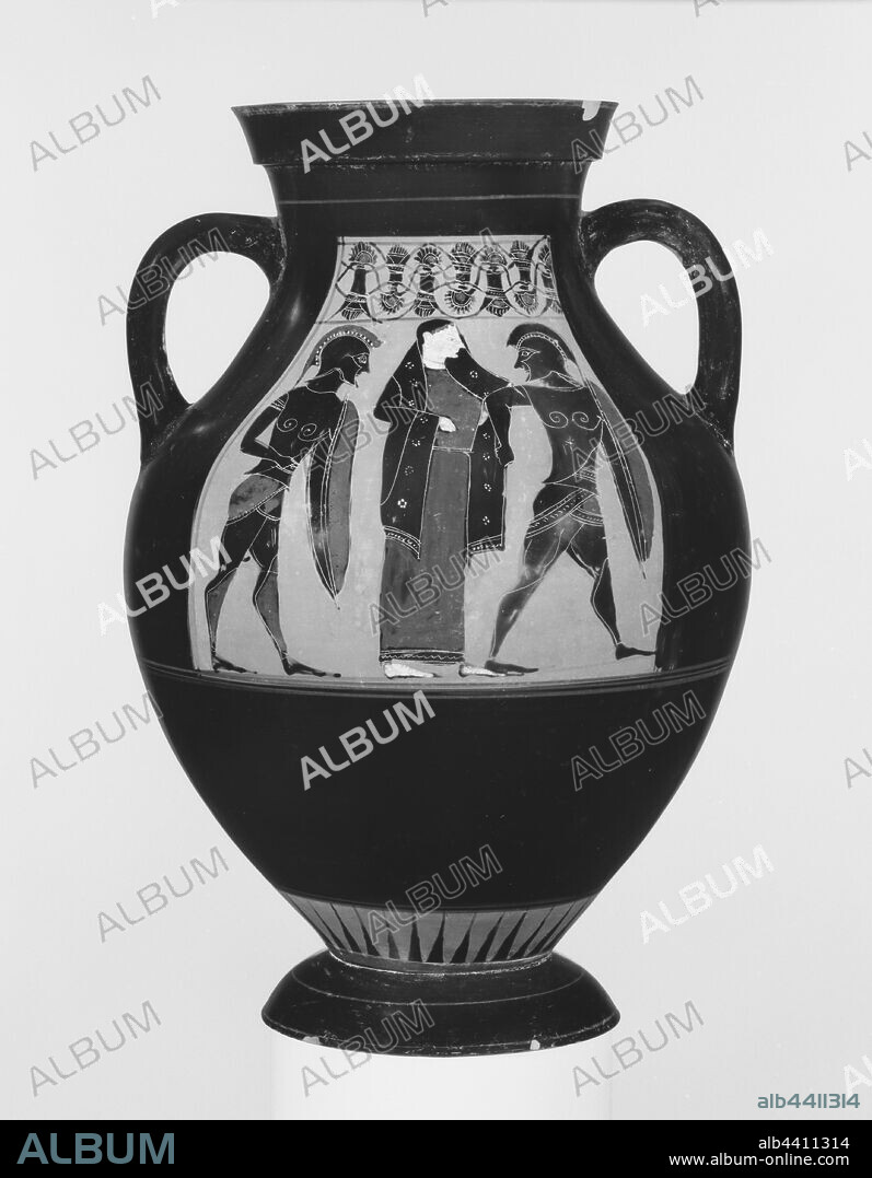 Attic Black-Figure Amphora Type B, Attributed to Princeton Painter, and Amasis (Greek (Attic), active 560 - 520 B.C.), Athens, Greece, about 540 B.C., Terracotta, 37.2 × 25.4 cm (14 5/8 × 10 in.).