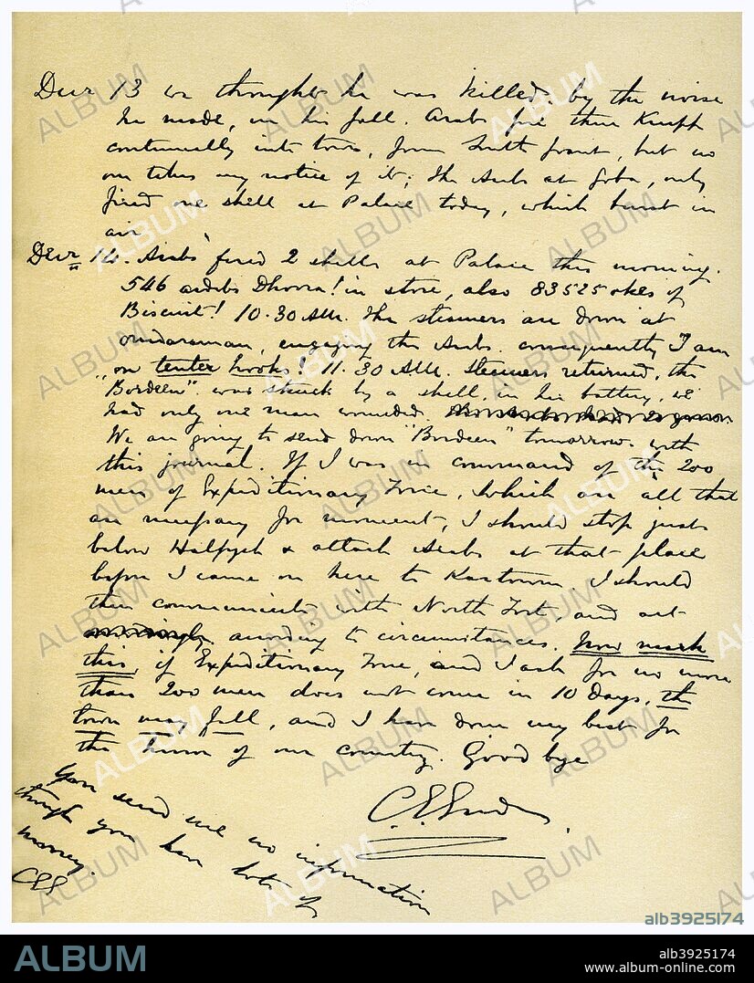 Gordon's diary of the siege of Khartoum, 14th December 1884. Diary written by Major General Charles George Gordon during the siege, from 10th September. (the day on which Colonel Stewart and Frank Power left Khartoum) to 14th December 1884. From the first series of Facsimiles of royal, historical, literary and other autographs in the Department of Manuscripts, British Museum: Series I - V, (London, 1899).