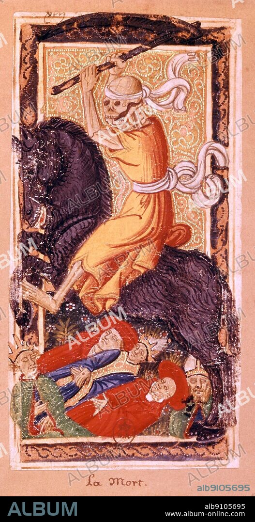 Tarot card. La Mort (Death) from the Charles VI (1368-1422) pack, c. 1390. Bibliotheque Nationale, Paris. Death on a white horse in the 'Charles VI' pack.