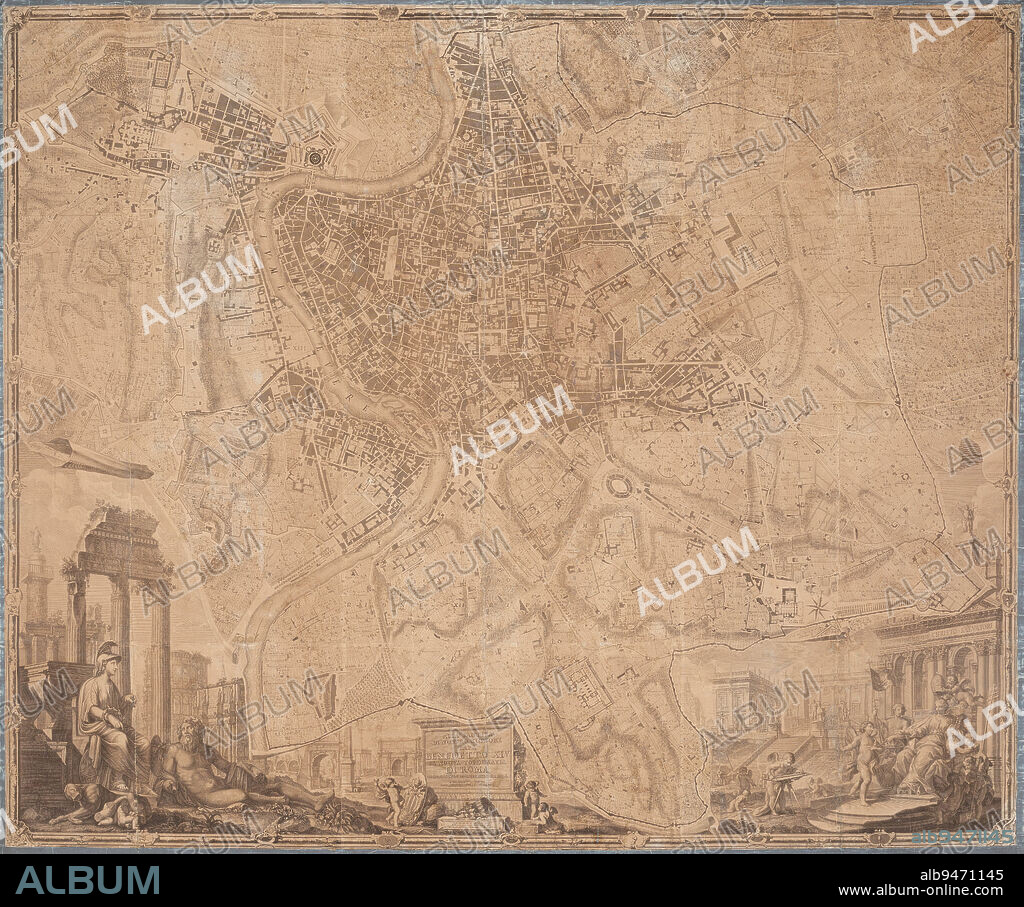 Plan of Rome, 1748, Giovanni Battista Nolli; Engraver: Carlo Nolli; Engraver: Rocco Pozzi; Engraver: Pietro Campana da Sorliano; Designer: Stefano Pozzi, Italian, 17011756, 65 5/8 × 79 7/8 in. (166.69 × 202.88 cm) (image)70 × 89 1/2 × 1 5/8 in. (177.8 × 227.33 × 4.13 cm) (including top mount and bottom roller)77 1/2 × 91 1/2 × 5 1/4 in. (196.85 × 232.41 × 13.34 cm) (outer frame), Etching and engraving on 12 sheets of paper laid down on linen, on original rollers, Italy, 18th century.