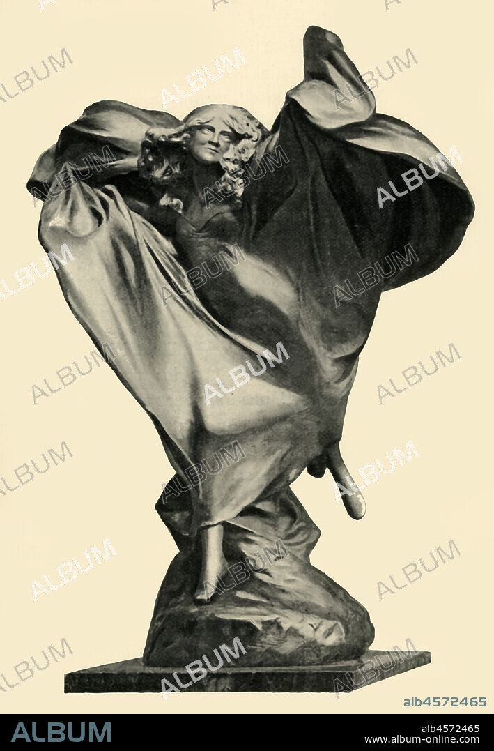 Statue of Loïe Fuller by Théodore Rivière, c1890s, (1903). Loie Fuller (1862-1928) was an American dancer who pioneered modern dance and theatrical lighing techniques. Fuller performed at the Folies-Bergère in Paris in 1892. Her act was a huge success; she swirled long drapes around herself, extending her reach with poles, while being lit in kaleidoscopic colours and by spotlights. The flowing lines and glowing colours of her dance have been credited as an influence on Art Nouveau, and many prints and small bronzes were made of her dance. She described herself as a 'sculptor of light', and even Rodin praised her strange 'art of the future'. Statuette in ivory and silver, cast by Susse Frères. From "La Revue De L'Art Ancien et Moderne" - Volume XIV, July-December 1903, [Paris, 1903].