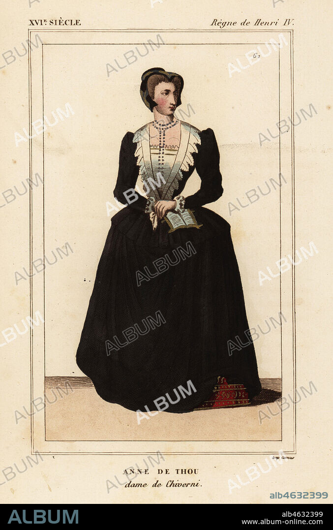Anne de Thou, Lady Cheverny, wife of Philippe Hurault, Count Cheverny. Handcoloured lithograph after a portrait in Roger de Gaignieres' gallery portfolio X 10 from Le Bibliophile Jacob aka Paul Lacroix's Costumes Historiques de la France (Historical Costumes of France), Administration de Librairie, Paris, 1852.