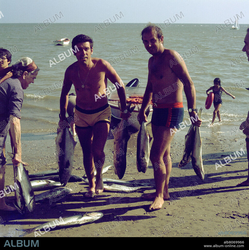 PESCADORES TRAS LA PESCA SUBMARINA EN ISLA CANELA - FOTO AÑOS 60.