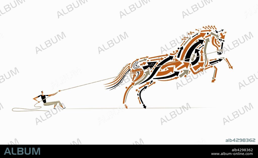 Lots of arrows forming rearing up horse with man struggling holding rope.