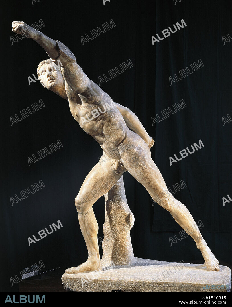 Roman civilization, 1st century b.C. Marble statue of gladiator, known as "Borghese warrior", signed by Agasias, son of Dositheos, Ephesian, 100 b.C. From Anzio (Rome province).