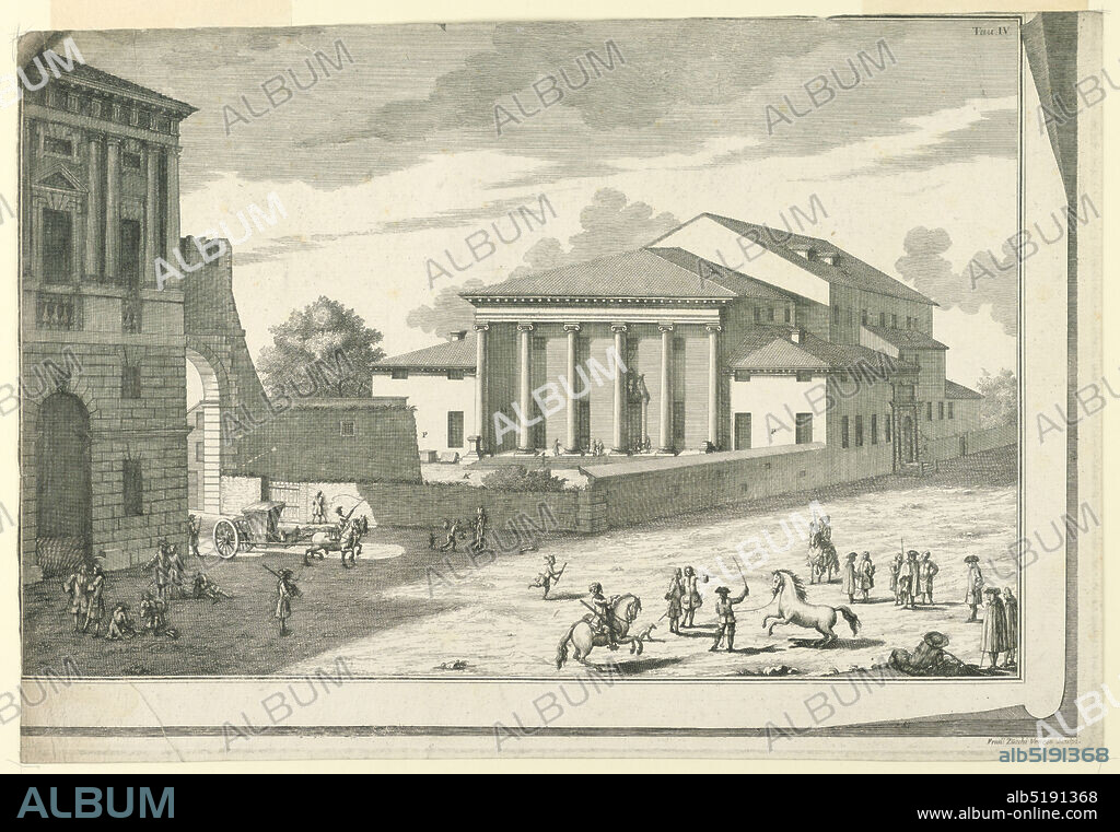 Exterior, Teatro Filarmonico, Verona, Francesco Galli Bibiena, Italian, 16591739, Francesco Zucchi, Italian, 1692 - 1739, Etching on paper, Horizontal rectangle. The lower right part similar to that of 1938-57-1385. The structure is shown from the left corner of the front. At left: part of a door of the town, and part of a house. People and a carraige are in the street. Above, at right: 'Tav: IV. /', Europe and USA, Verona, Italy, 1731, theater, Print, Print.