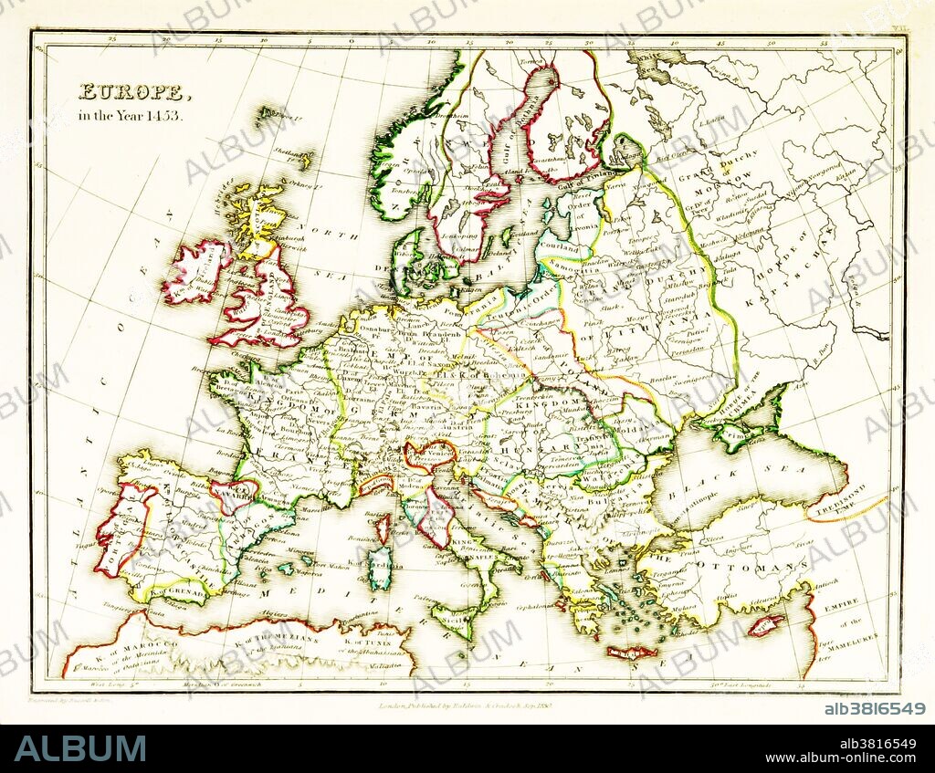A map of Europe, showing territorial borders existing in the 15th century, specifically 1453. The Fall of Constantinople, capital of the Byzantine Empire, to the invading army of the Ottoman Empire occurred on 29 May, 1453. Map published in 1831.