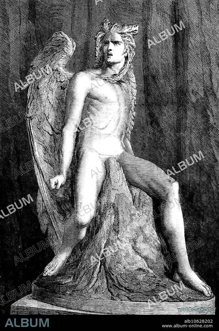 The International Exhibition: "Lucifer", a plaster statue, by Constantio [sic] Corti, 1862. 'There he is, scowling fiercely around, and as if vehemently asserting a large interest and share in all he surveys...this "Satana" by the Milanese sculptor, Signor Corti, is a noteworthy work of art...[but it] is not sufficiently grand and majestic. The figure is too slight, the features too feminine...In execution, however, this statue deserves high praise. The anatomy and modelling of the legs and extremities are first-rate. Pain (the cause of which is indicated in the fire surging round the rock) - intensely felt yet mastered by superhuman fortitude - is finely expressed in the bent brows, dilated nostrils, gasping mouth, clenched fist, and retracted toes, and, above all, in the fearful spasm of the indrawn abdomen'. From "Illustrated London News", 1862.