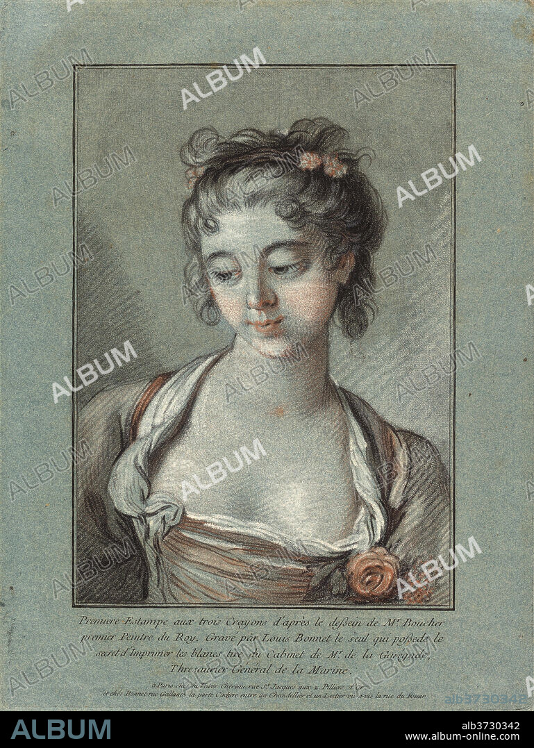 LOUIS-MARIN BONNET AFTER FRANçOIS BOUCHER. Bust of a Young Woman Looking Down. Dated: 1765/1767. Dimensions: plate: 31 x 23.2 cm (12 3/16 x 9 1/8 in.)  overall (second framing line): 23.7 x 16.7 cm (9 5/16 x 6 9/16 in.). Medium: chalk manner printed in black, red, and white inks on blue paper.
