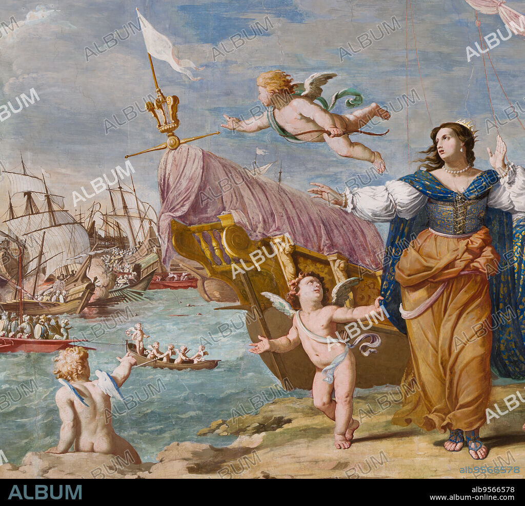 Sassuolo, Este Ducal Palace; Room of Love: Meeting of Mark Antony and Cleopatra" (Mark Antony abandons the Battle of Actium and his fleet to join Cleopatra); fresco by Jean Boulanger and Girolamo Cialdieri (1641 - 44). Detail.