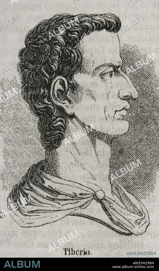 Tiberio (42 a.C-37 d.C). Segundo emperador romano. Dinastía Julio-Claudia. Gobernó entre los años 14 y 37. Retrato. Grabado. Historia General de España por el Padre Mariana. Madrid, 1852.
