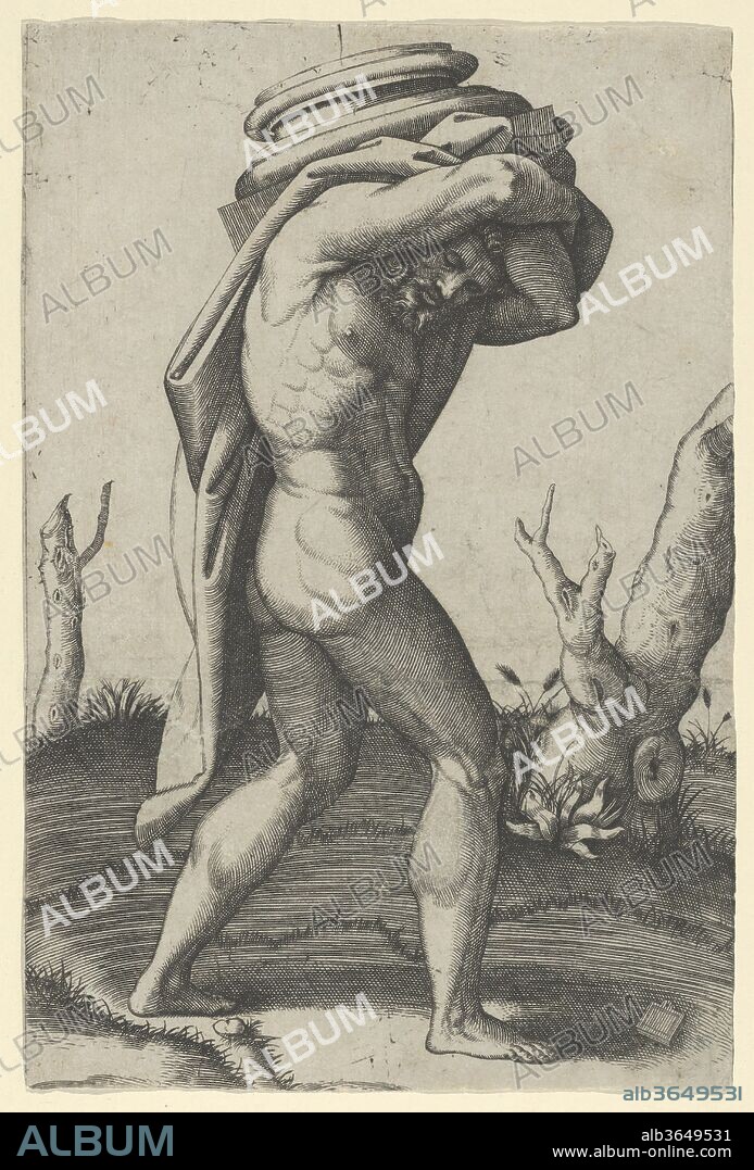 Naked man walking to the right carrying a column base. Artist: Marcantonio Raimondi (Italian, Argini (?) ca. 1480-before 1534 Bologna (?)); After Raphael (Raffaello Sanzio or Santi) (Italian, Urbino 1483-1520 Rome); or after Giulio Romano (Italian, Rome 1499?-1546 Mantua); or after Perino del Vaga (Pietro Buonaccorsi) (Italian, Florence 1501-1547 Rome). Dimensions: Sheet: 8 7/16 × 5 11/16 in. (21.5 × 14.5 cm). Date: ca. 1517-20.
