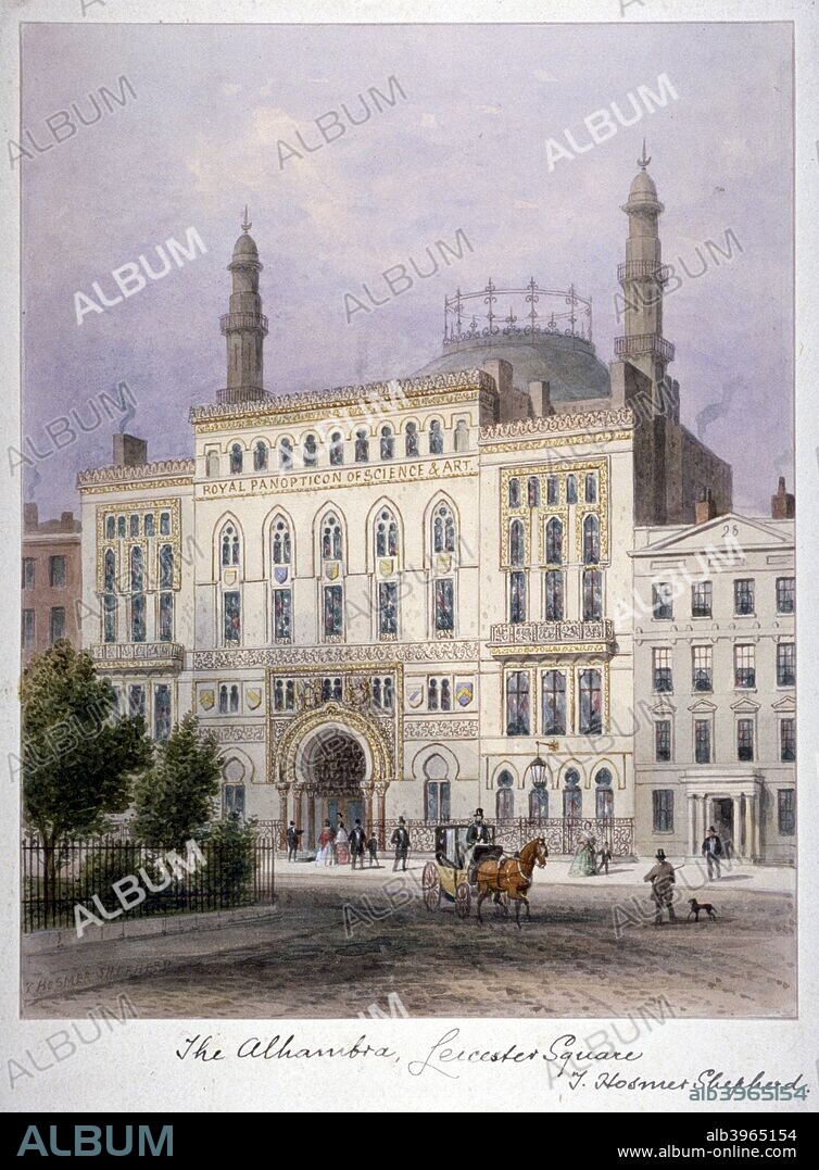 The Alhambra, Leicester Square, Westminster, London, c1858. The building was known as the Royal Panopticon of Science and Art between 1854-1858. It reopened as the Alhambra Circus in 1858.