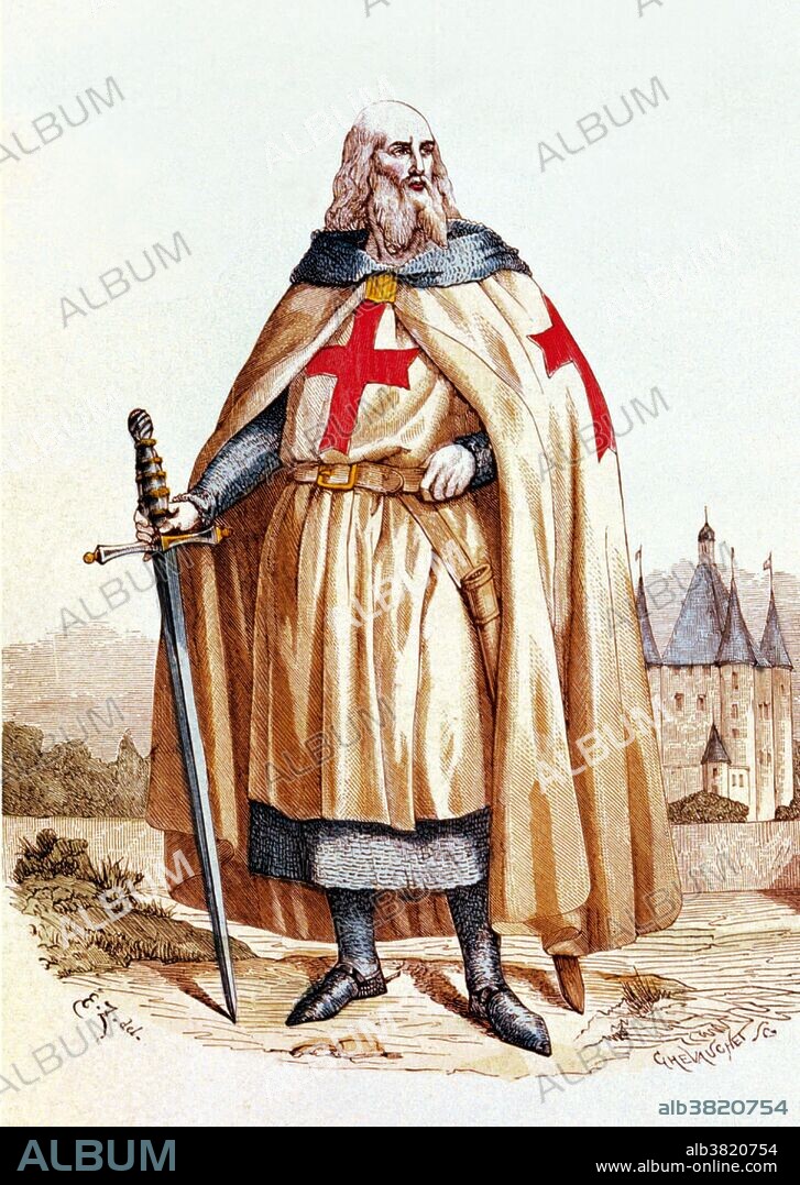 Jacques de Molay (1243 - March 18, 1314) was the 23rd and last Grand Master of the Knights Templar, leading the Order from April 20, 1292 until it was dissolved by order of Pope Clement V in 1307. His goal as Grand Master was to reform the Order, and adjust it to the situation in the Holy Land during the waning days of the Crusades. As European support for the Crusades had dwindled, other forces were at work which sought to disband the Order and claim the wealth of the Templars as their own. King Philip IV of France, deeply in debt to the Templars, had Molay and many other French Templars arrested in 1307 and tortured into making false confessions. When Molay later retracted his confession, Philip had him burned upon a scaffold on an island in the River Seine in front of Notre Dame de Paris, in March 1314, at the age of 71. The sudden end of both the centuries old order of Templars and the dramatic execution of its last leader turned him into a legendary figure. No artist credited, undated.