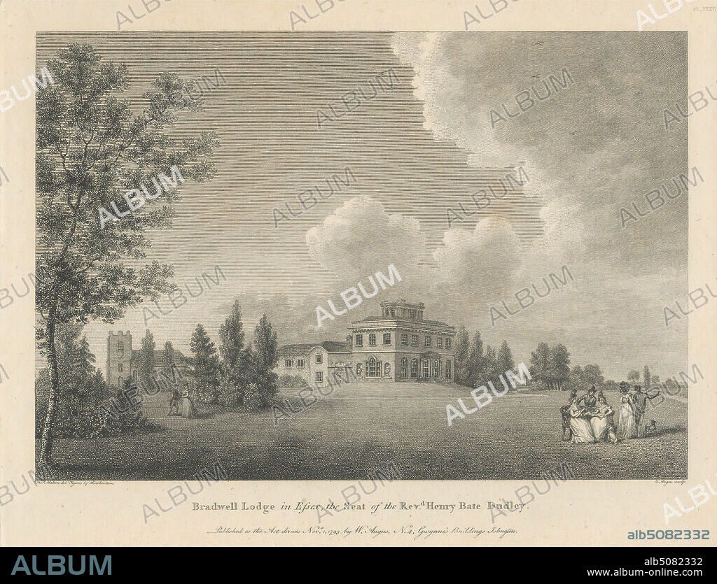 Bradwell Lodge in Essex, the Seat of the Revd. Henry Bate Dudley, Print made by William Angus, 17521821, British, after Thomas Malton, 17261801, British, and after Thomas Rowlandson, 17561827, British, Published by William Angus, 17521821, British, 1793, Line engraving and etching on moderately thick, moderately textured, cream wove paper, Sheet: 8 11/16 x 11 3/16 inches (22 x 28.4 cm), Plate: 6 3/16 x 8 1/16 inches (15.7 x 20.4 cm), and Image: 5 1/16 x 7 5/16 inches (12.8 x 18.5 cm), architectural subject, birds, books, chairs, church, clouds, coats, costume, country house, dogs (animals), feathers, fences, garden, gesture, gowns, hats, landscape, leisure, lodge, manor house, mansion, men, nobility, panaches, park (grounds), paths, pointing, shrubs, tailcoats, trees, urns, women, Bradwell Lodge, England, Essex, Europe, United Kingdom.