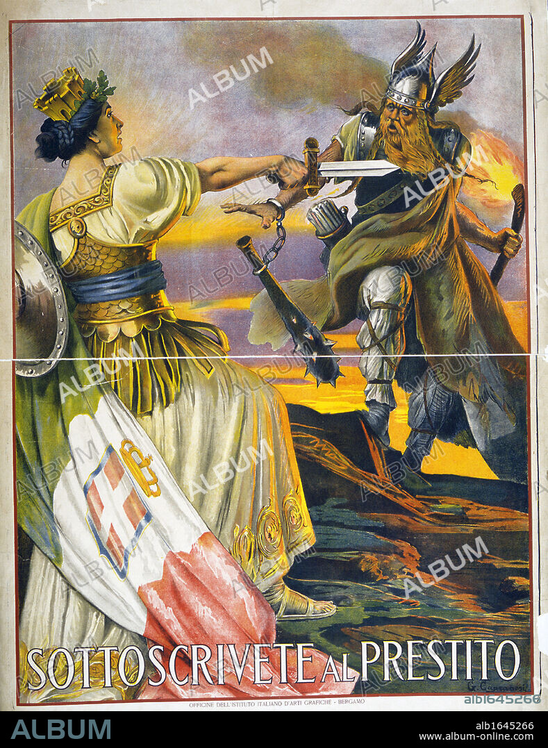 World War I - the Italian Campaign 1915-1918: 1917 Italian poster appealing for contributions to war loan to repel the Austro-Hungarian and German alliance. Allegorical figure of Italy with broadsword confronting a Barbarian.