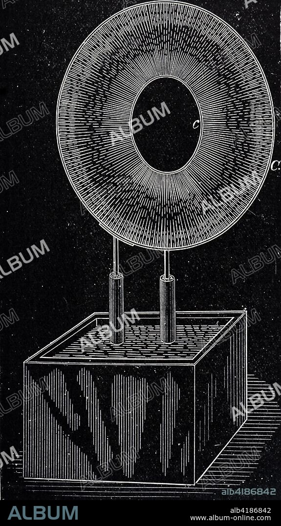 Engraving depicting Nikola Tesla's A.C. experiments: high frequency luminous dish. Nikola Tesla (1856-1943) a Serbian-American inventor, electrical engineer, mechanical engineer, physicist, and futurist. Dated 20th century.