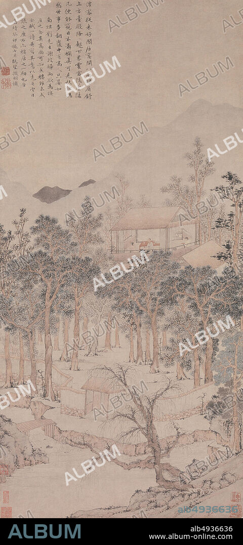 Wen Zhengming, Living Aloft: Master Liu's Retreat, China, Ming dynasty (13681644), Wen Zhengming (Chinese, 14701559), 1543, China, Hanging scroll; ink and color on paper, Image: 37 1/2 x 18 in. (95.3 x 45.7 cm), Overall with mounting: 82 1/8 x 25 1/4 in. (208.6 x 64.1 cm), Overall with knobs: 82 1/8 x 29 5/8 in. (208.6 x 75.2 cm), Paintings.