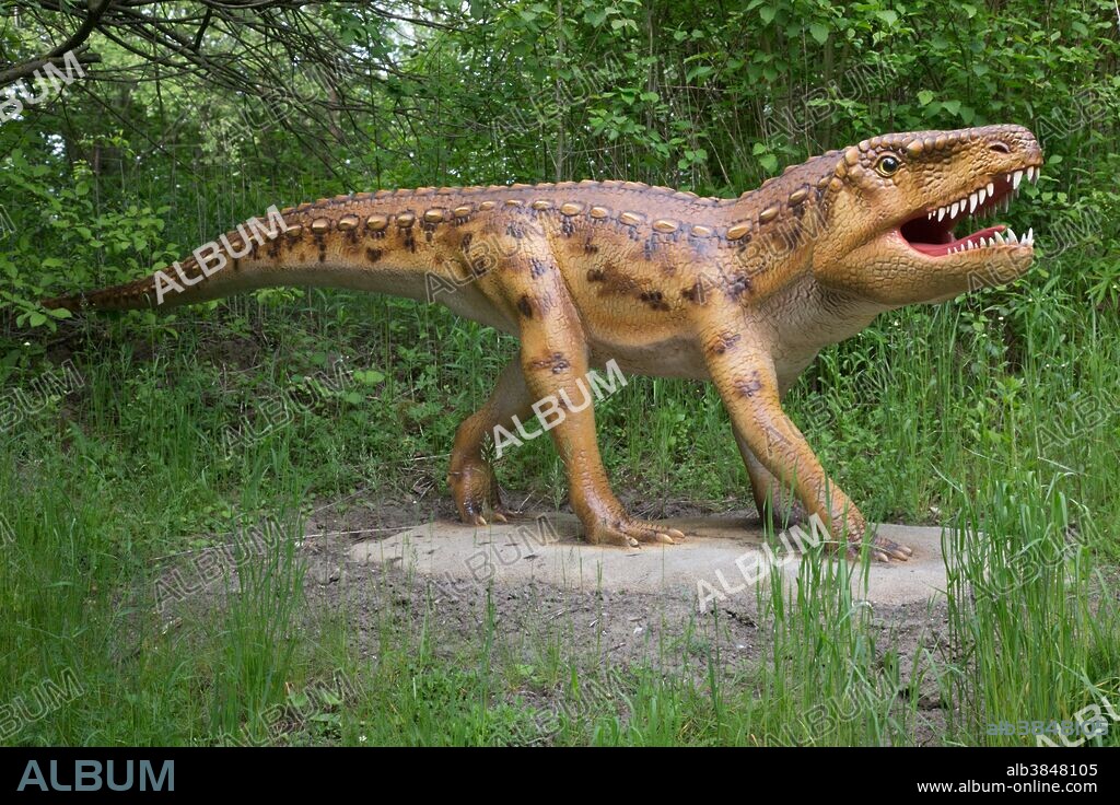 Ornithosuchus, an extinct archosaur from the Triassic Period, in Dinosaurier Park, Germany.