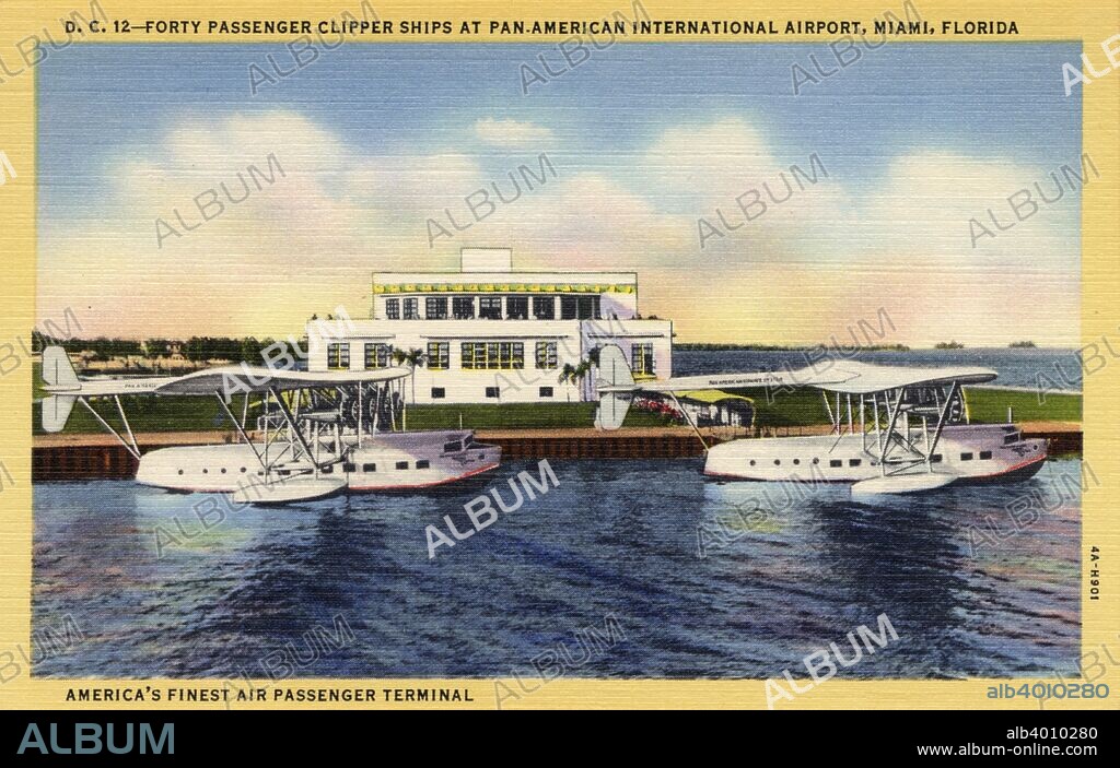 'Forty Passenger Clipper Ships at Pan-American International Airport, Miami, Florida', USA, 1934. Vintage linen postcard showing a view of the Terminal Building at Dinner Key, from where Pan Am operated seaplane services. Two seaplanes are in the water in front of the building.