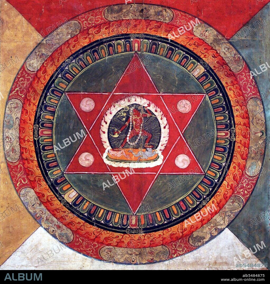 Vajrayogini (Sanskrit: Vajrayogini; Tibetan: Dorje Naljorma; Chinese: Yújia kongxíngmu) is the Vajra yogini, literally 'the diamond female yogi'. She is a Highest Yoga Tantra Yidam (tutelary deity), and her practice includes methods for preventing ordinary death, intermediate state and rebirth (by transforming them into paths to enlightenment), and for transforming all mundane daily experiences into higher spiritual paths. Ma??ala is a Sanskrit word that means 'circle'. In the Hindu and Buddhist religious traditions their sacred art often takes a mandala form. The basic form of most Hindu and Buddhist mandalas is a square with four gates containing a circle with a center point. Mandalas have spiritual and ritual significance in both Buddhism and Hinduism. The term is of Hindu origin and appears in the Rig Veda as the name of the sections of the work, but is also used in other Indian religions, particularly Buddhism. In the Tibetan branch of Vajrayana Buddhism, mandalas have been developed into sandpainting. They are also a key part of anuttarayoga tantra meditation practices.