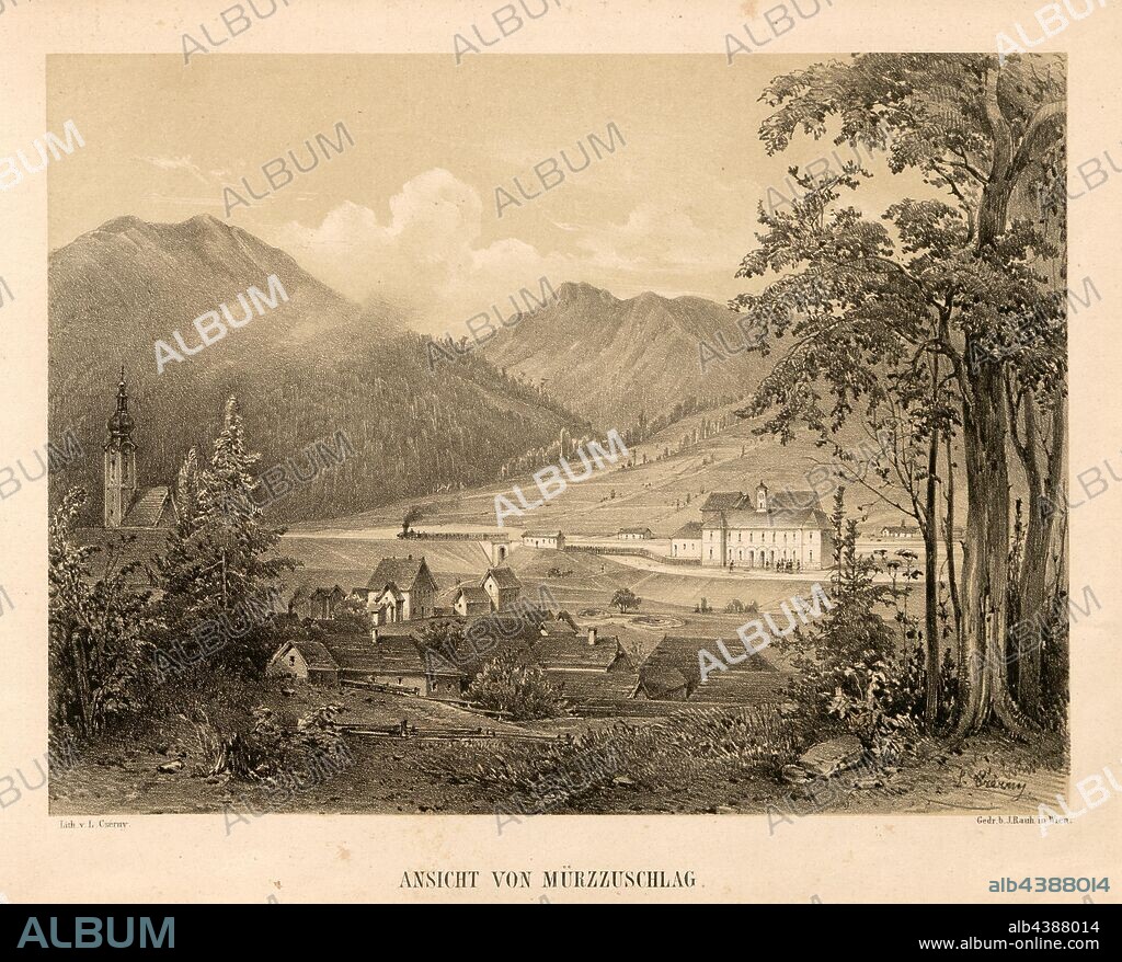 View of Mürzzuschlag, Semmering Railway near Mürzzuschlag, signed: Lith., L. Czerny; Gedr, b, J. Rauh in Vienna, Fig. 16, p. 22, Czerny, Ludwig (lith.); Rauh, J. (gedr.), Karl von Ghega: Malerischer Atlas der Eisenbahn über den Semmering: mit vorausgehender historisch-statistischer Uebersicht der im Betriebe stehenden Eisenbahnen. Wien: Druck von Carl Gerold & Sohn, 1854.