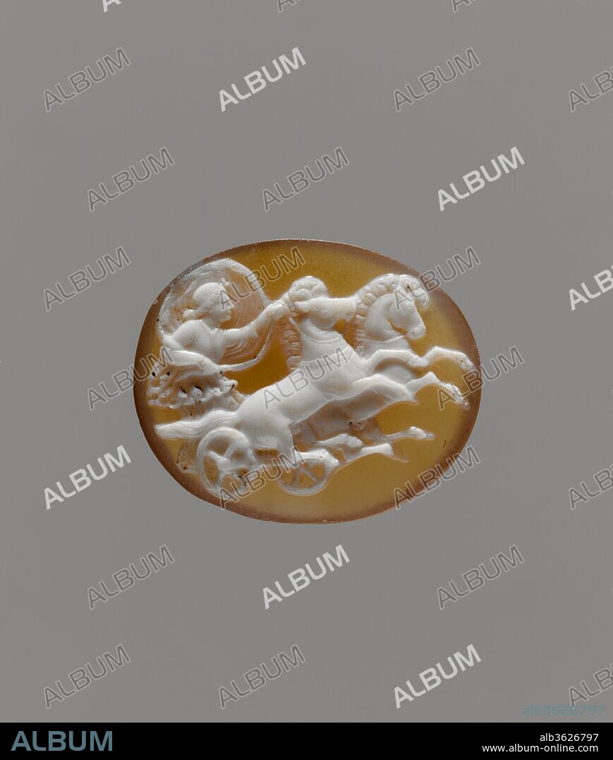 Sardonyx cameo of Aurora in a chariot. Culture: Greek or Roman. Dimensions: H.: 1 3/8 x 1 11/16 in. (3.5 x 4.3 cm). Date: 1st century B.C.-1st century A.D..
Cameo with a winged woman driving a two-horse chariot, Aurora, Victory, or Psyche; in modern gold setting.
