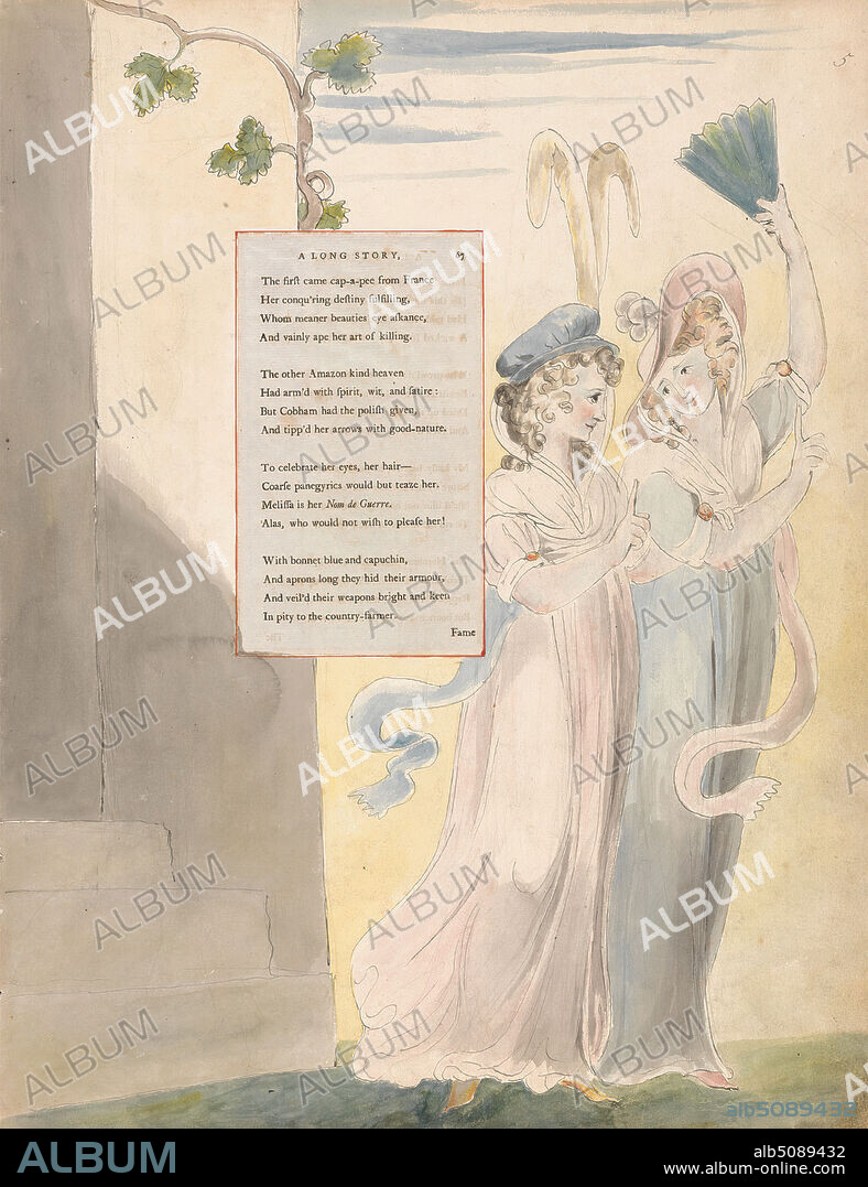 The Poems of Thomas Gray, Design 27, 'A Long Story.', William Blake, 17571827, British, between 1797 and 1798, Watercolor with pen and black ink and graphite on moderately thick, slightly textured, cream wove paper with inlaid letterpress page, Sheet: 16 1/2 x 12 3/4 inches (41.9 x 32.4 cm), chicken, chicks, children, dresses, fan, fence, geese, hat, house, leaf, literary theme, man, piglets, stairs, text, trees, vines, wall, window, women.