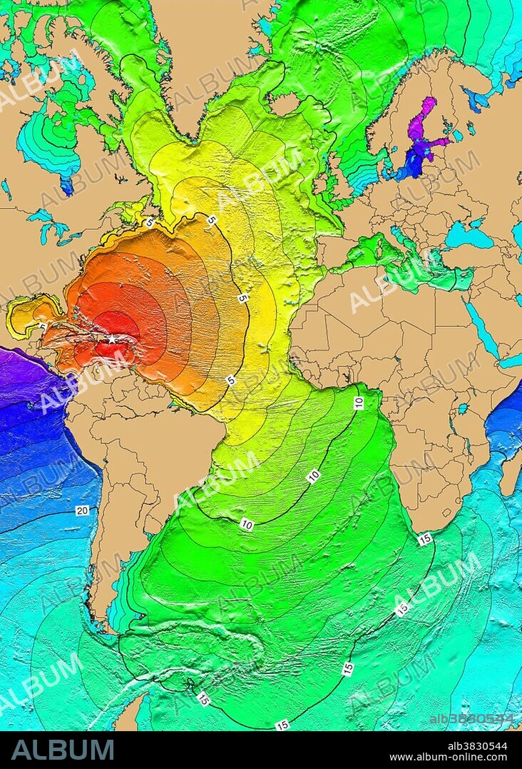 A magnitude 7.3 Mw earthquake on October 11, 1918, in the Mona Passage, west of Puerto Rico, was caused by displacement along four segments of a normal fault, oriented N-S in the Mona Canyon. The earthquake generated a tsunami with runup heights reaching 6 meters, causing extensive damage along the western and northern coasts of Puerto Rico. The earthquake and tsunami caused $29 million damage, 116 people were killed and 100 were reported missing. Map generated using Tsunami Travel Time (TTT) software: calculates first-arrival travel times on a grid for a tsunami generated at an earthquake epicenter. Map contours: 1 hour intervals: red 1-4 hour arrival times, yellow: 5-6 hour arrival times, green: 7-14 hour arrival times, blue: 15-21 hour arrival times. Maps were generated from earthquake epicenters in the NGDC Global Historical Tsunami Database using NGDC 2 Minute Gridded Global Relief Data bathymetry. Maps do not provide the height or the strength of the wave, only the arrival times.