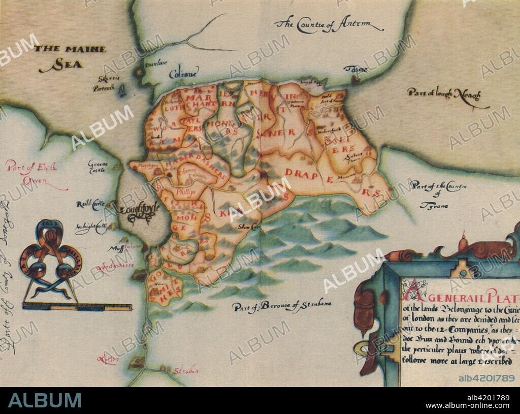 'The Plantation of Ulster', 17th century, (1948). Map: 'Plan of lands belonging to the Companies of London in Ireland'. The Plantation of Ulster was the organised colonisation (plantation) of a province of Ireland by people from Great Britain during the reign of King James I. The livery companies of the City of London were coerced into investing in the project. Originally published in "A Survey of Irish Plantation" by Sir Thomas Phillips, [1662]. From "The Guilds of the City of London", by Sir Ernest Pooley. [Collins, London, 1948].