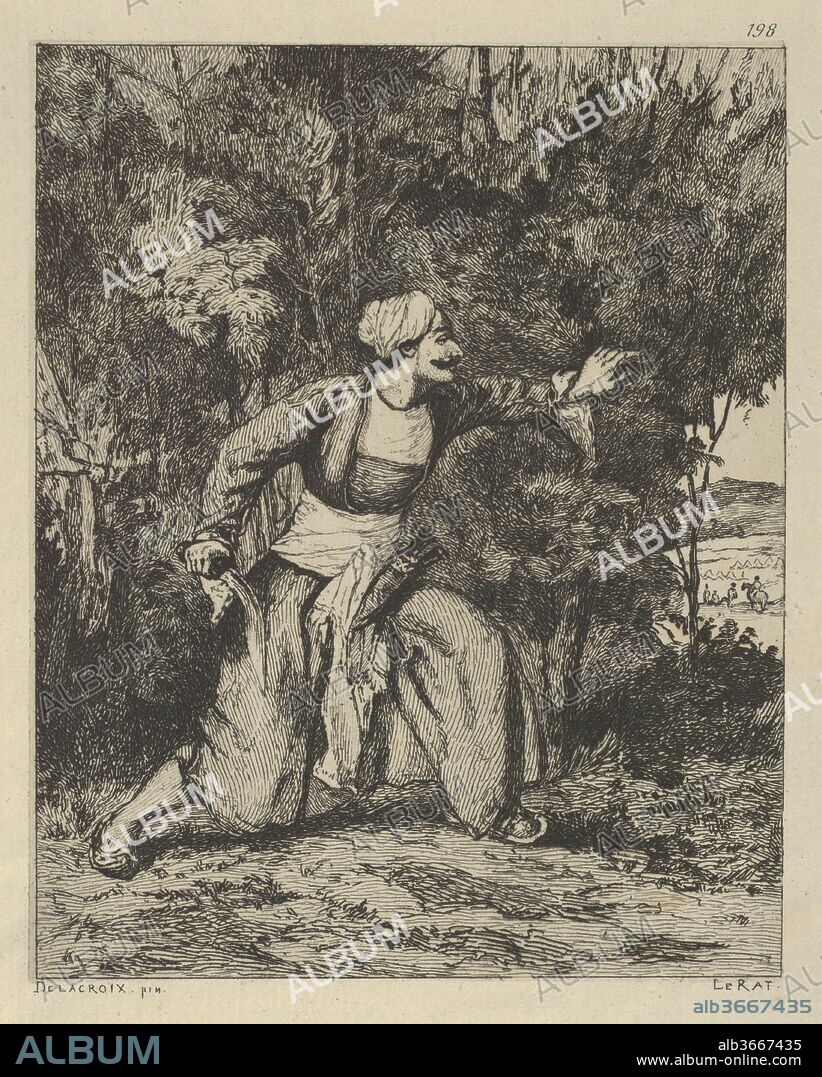 Indian in an Ambush. Artist: Engraved by Paul-Edme Le Rat (French, Paris 1849-1892 Paris); After Eugène Delacroix (French, Charenton-Saint-Maurice 1798-1863 Paris). Dimensions: Plate: 4 13/16 x 3 7/8 in. (12.3 x 9.9 cm)
Sheet: 10 5/8 x 7 1/8 in. (27 x 18.1 cm). Date: 19th century.