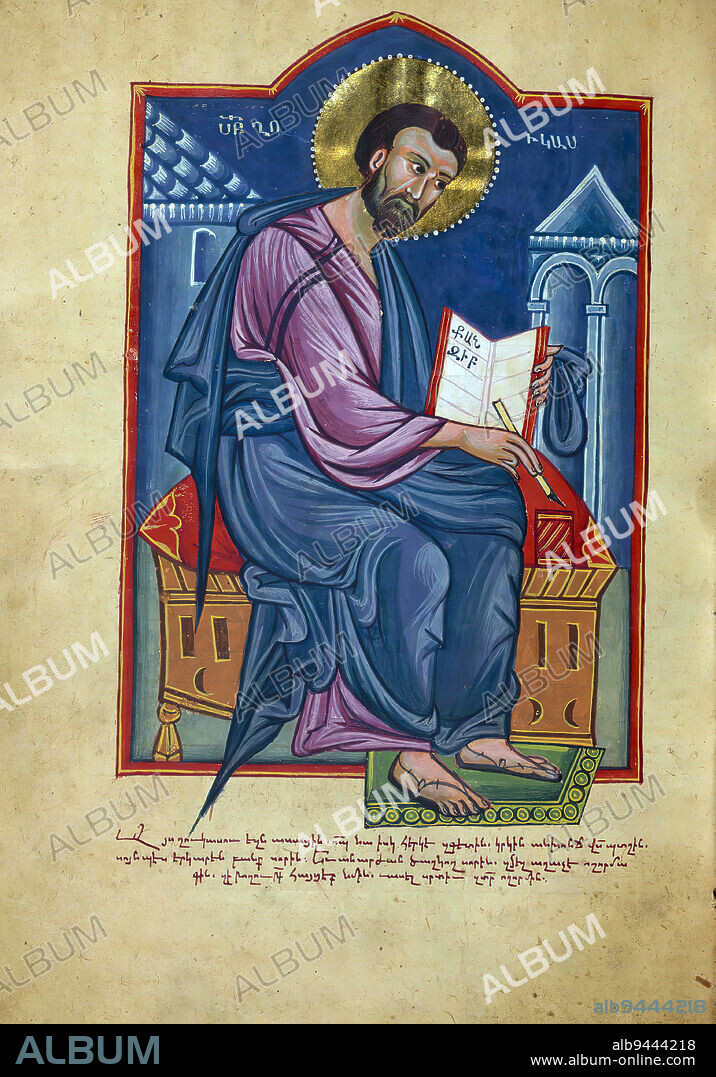 Amida Gospels, Portrait of the Evangelist Luke, This Gospel Book, with richly painted evangelist portraits, canon tables and marginal illuminations, was made in Armenia in the early seventeenth century. An extensive colophon reveals that it was commissioned by a woman named Napat' as a memorial for herself and her family, and the book was consequently given by her to the Church of Saint Sargis in Amida. The illuminator of the manuscript, Hovannes, was one of the most prolific among the artists and scribes at the Amida scriptorium. On the present codex he worked with the scribe Melk'on. Known collaborators, Hovannes and Melk'on executed a number of codices together.