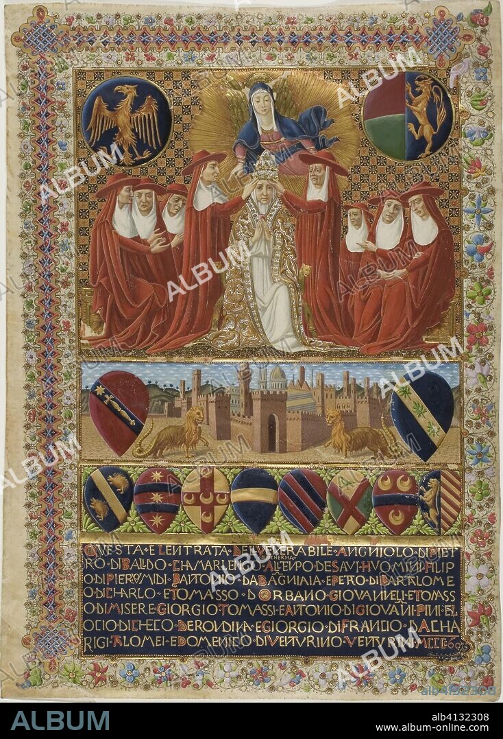 Pope Pius II, frontispiece to a Constitution of the Sienese Church of the Year 1464. Italian (Siena); after Vecchietta (Lorenzo di Pietro di Giovanni) (Italian, 1410-1480). Date: 1464. Dimensions: 310 x 223 mm. Manuscript cutting in tempera and gold leaf on parchment. Origin: Italy.