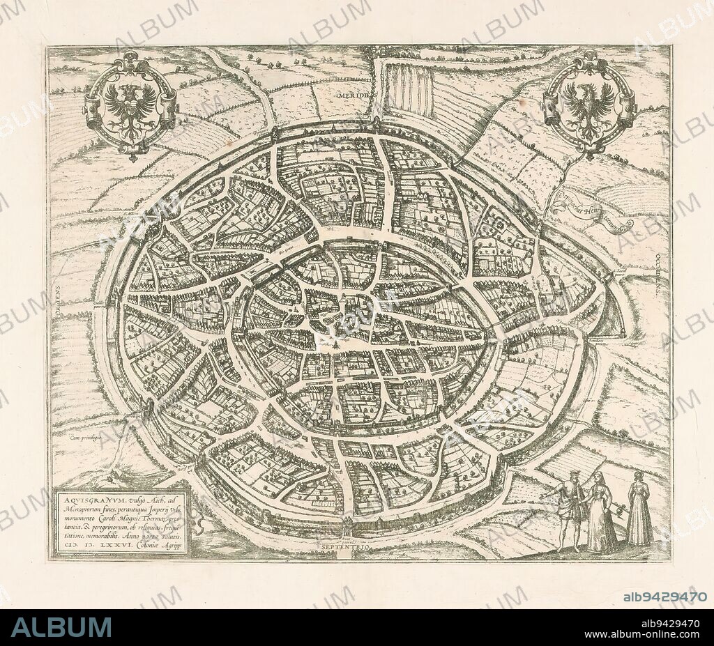 Map of Aachen, Aquisgranum, vulgo Aich, ad Monapiorum fines, perantiqua Imperii (...) (title on object), Map of Aachen in bird's eye view. With Latin text on verso., print maker: Hendrik van Steenwijck (I), (mentioned on object), publisher: Gottfried von Kempen, unknown, (mentioned on object), Cologne, 1577, paper, engraving, etching, letterpress printing, height 321 mm × width 390 mm.