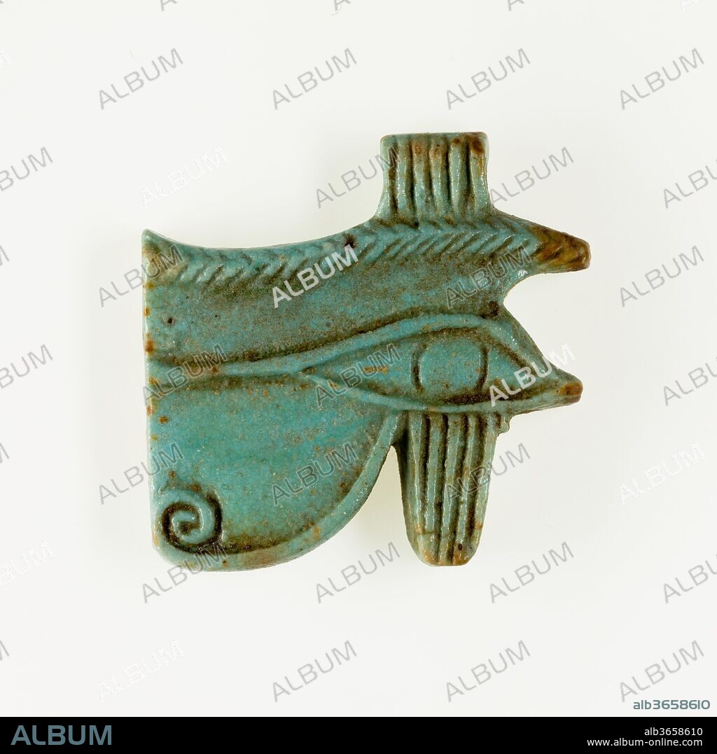 Wedjat eye amulet. Dimensions: L. 3.3 × H. 3.2 cm (1 5/16 × 1 1/4 in.). Dynasty: Dynasty 26. Date: 664-332 B.C..
One of the most popular amulets in ancient Egypt, the wedjat eye represents the healed eye of the god Horus. It depicts a combination of a human and a falcon eye, since Horus was often associated with a falcon. Its ancient Egyptian name, wedjat, means "the one that is sound (again)." In Egyptian mythology Horus' eye was injured or stolen by the god Seth and then restored by Thoth. The wedjat eye embodies healing power and symbolizes rebirth. An amulet in this shape was thought to protect its wearer and to transfer the power of regeneration onto him or her. It was used by the living as well as for the dead.