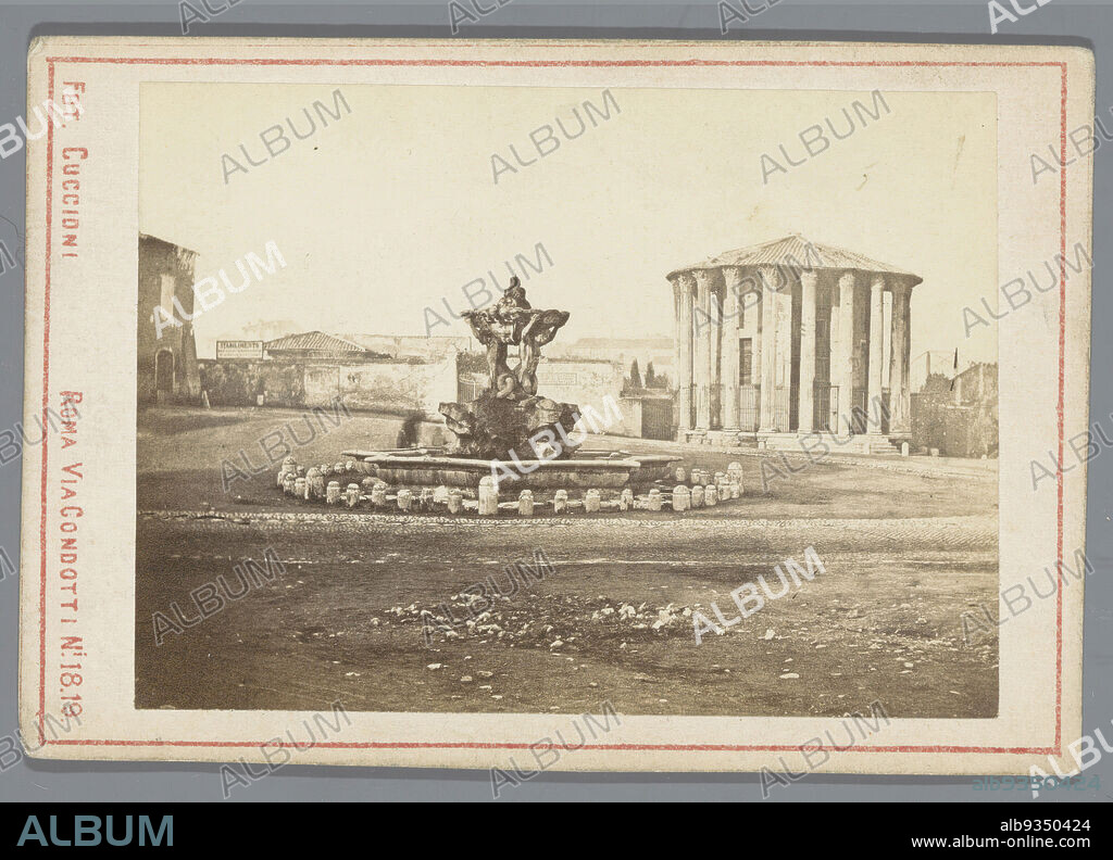 Temple of Hercules Invictus on the Forum Boarium, Rome, Temple de Vesta à Rome (title on object), Tomasso Cuccioni (mentioned on object), Rome, 1855 - 1885, cardboard, paper, albumen print, height 68 mm × width 100 mm.