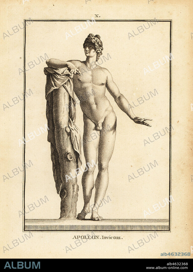 Statue of Apollo Invictus., son of Zeus and Leto, god of music, poetry, arts, archery. Copperplate engraving by Francois-Anne David from Museum de Florence, ou Collection des Pierres Gravees, Statues, Medailles, Chez F.A. David, Paris, 1787. David (1741-1824) drew and engraved the illustrations based on Roman statues, engraved stones and medals in the collection of the Museum de Florence and the cabinet of curiosities of the Grand Duke of Tuscany.