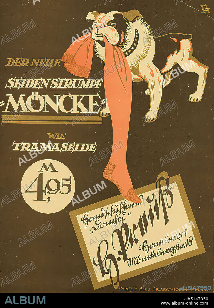 Ottomar Anton, Fred Hendriok, Carl J. H. Soll, Silk Stocking Monks, lithograph, Total: height: 31 cm; width: 22.5 cm, monogrammed: recto o. re. in print: FH, product and business advertising (posters), product advertising (posters), fashion, dog, advertising, advertising, advertising, textile industry/clothing industry, stockings, socks, verso poster Mehr Rücksicht by Ottomar Anton (1895-1976).